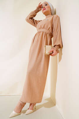 Pazarium - Kolu Piliseli Keten Elbise Latte