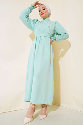 Pazarium - Kolu Piliseli Keten Elbise Mint