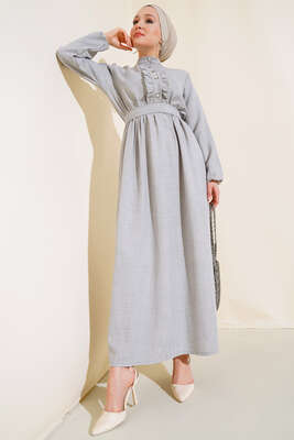 Pazarium - Önü Fırfırlı Keten Elbise Gri