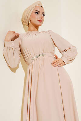 Pazarium - Kuşağı Taşlı Elbise Bej