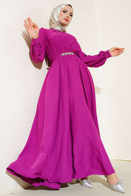 Pazarium - Kuşağı Taşlı Elbise Fuşya