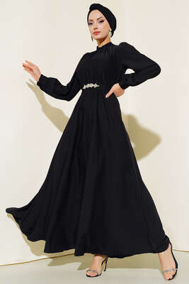 Pazarium - Kuşağı Taşlı Elbise Siyah