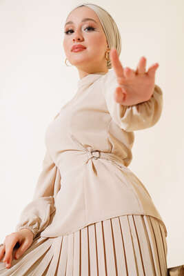 Yanları Tokalı İkili Takım Bej - Thumbnail