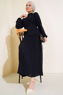 Yanları Tokalı İkili Takım Siyah - Thumbnail