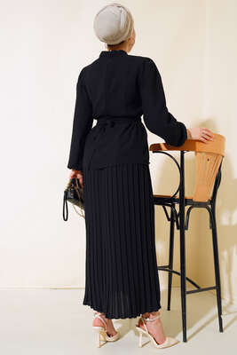 Yanları Tokalı İkili Takım Siyah - Thumbnail