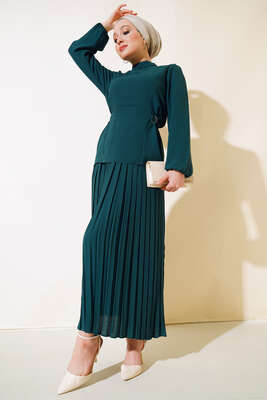 Yanları Tokalı İkili Takım Zümrüt Yeşili - Thumbnail