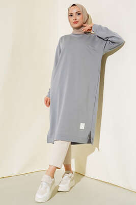 Arma Detaylı Uzun Tunik Gri - Thumbnail