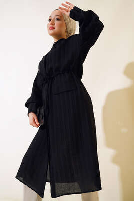 Pazarium - Bel Tünelli Uzun Tunik Siyah