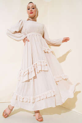 Pazarium - Ponpon Detaylı Elbise Bej