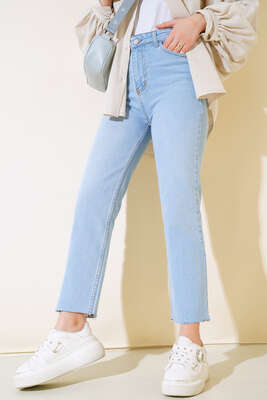 Boru Paça Sökük Jean Pantolon Buz Mavisi - Thumbnail