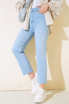 Boru Paça Sökük Jean Pantolon Buz Mavisi - Thumbnail