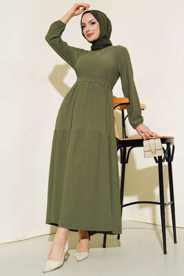 Pazarium - Bürümcük Kat Kat Elbise Haki