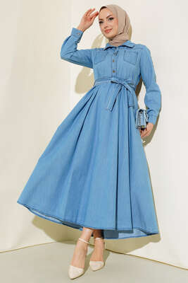 Çift Cep Kapaklı Kot Elbise Kot Mavisi - Thumbnail
