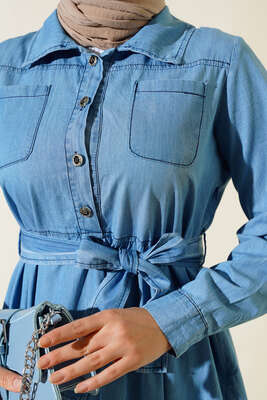 Çift Cep Kapaklı Kot Elbise Kot Mavisi - Thumbnail