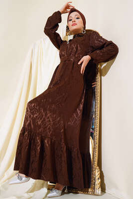 Pazarium - Taş Detaylı Elbise Kahve