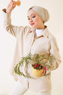 Tek Cepli Gömlek Bej - Thumbnail