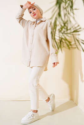 Tek Cepli Gömlek Bej - Thumbnail