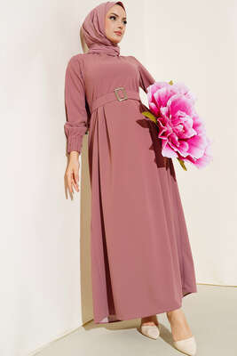 Bilekleri Nervüllü Elbise Pudra - Thumbnail