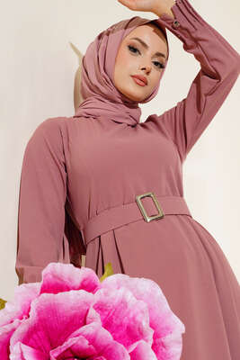 Bilekleri Nervüllü Elbise Pudra - Thumbnail