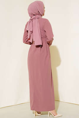 Bilekleri Nervüllü Elbise Pudra - Thumbnail