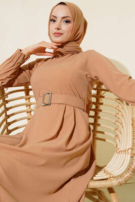 Bilekleri Nervüllü Elbise Latte - Thumbnail