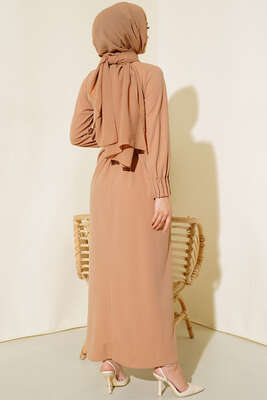 Bilekleri Nervüllü Elbise Latte - Thumbnail