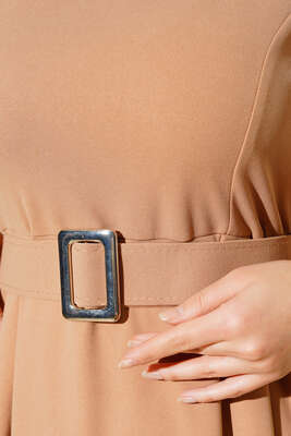 Bilekleri Nervüllü Elbise Latte - Thumbnail