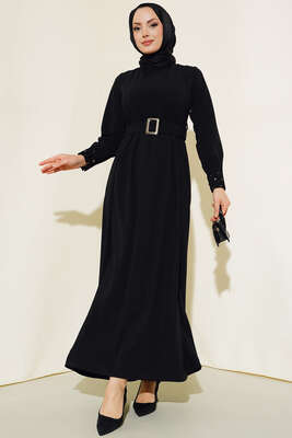 Bilekleri Nervüllü Elbise Siyah - Thumbnail