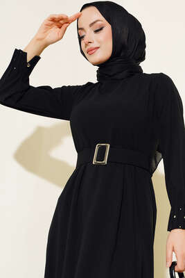 Bilekleri Nervüllü Elbise Siyah - Thumbnail