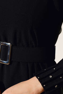 Bilekleri Nervüllü Elbise Siyah - Thumbnail