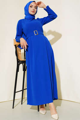 Bilekleri Nervüllü Elbise Saks - Thumbnail