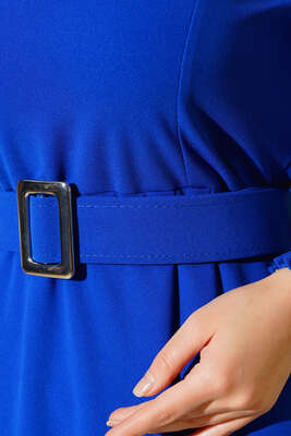 Bilekleri Nervüllü Elbise Saks - Thumbnail