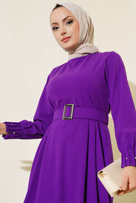 Bilekleri Nervüllü Elbise Mor - Thumbnail
