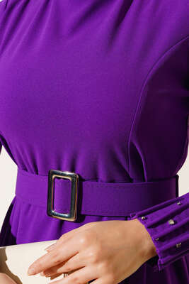 Bilekleri Nervüllü Elbise Mor - Thumbnail