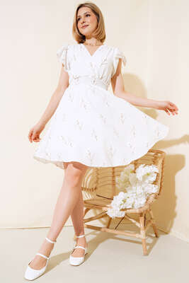 Beli Gipeli Çiçekli Elbise Ekru Kahve - Thumbnail