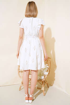 Beli Gipeli Çiçekli Elbise Ekru Kahve - Thumbnail