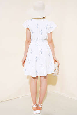 Beli Gipeli Çiçekli Elbise Ekru İndigo - Thumbnail