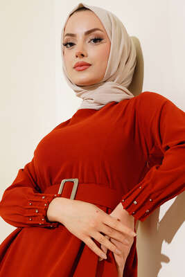 Bilekleri Nervüllü Elbise Kiremit - Thumbnail