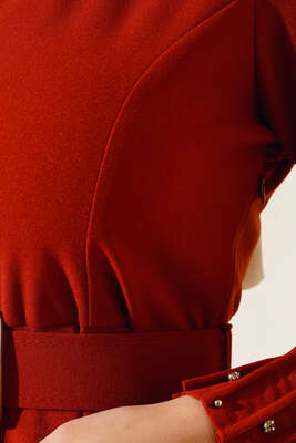 Bilekleri Nervüllü Elbise Kiremit - Thumbnail