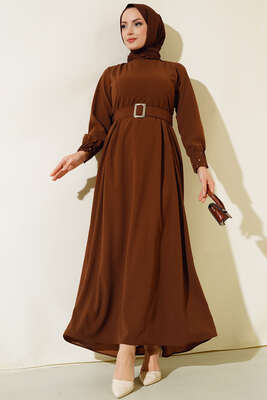 Bilekleri Nervüllü Elbise Kahve - Thumbnail