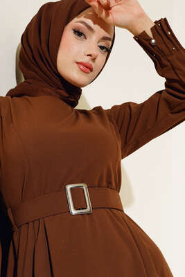 Bilekleri Nervüllü Elbise Kahve - Thumbnail