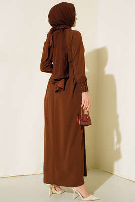 Bilekleri Nervüllü Elbise Kahve - Thumbnail