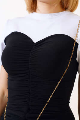 Garnili Elbise Siyah Beyaz - Thumbnail