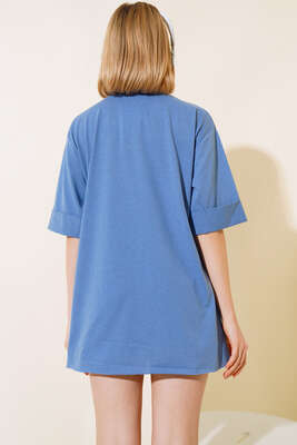 Yırtmaçlı Duble Kol T-shirt İndigo - Thumbnail