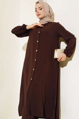 Hakim Yaka Metal Düğmeli Takım Kahve - Thumbnail