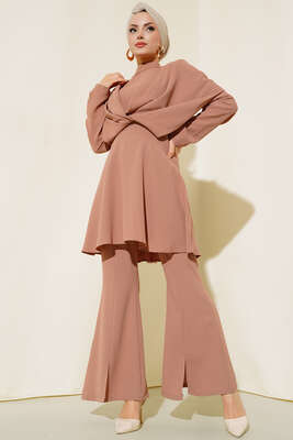 Pazarium - Krep Tunik İkili Takım Latte
