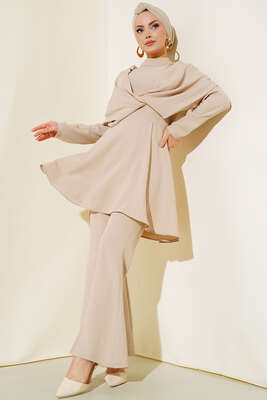 Pazarium - Krep Tunik İkili Takım Bej