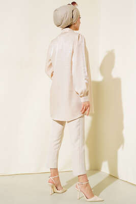 Yaka Taşlı Parlak Saten Gömlek Bej - Thumbnail