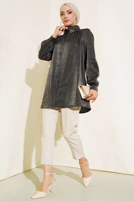 Yaka Taşlı Parlak Saten Gömlek Füme - Thumbnail