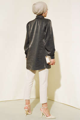 Yaka Taşlı Parlak Saten Gömlek Füme - Thumbnail